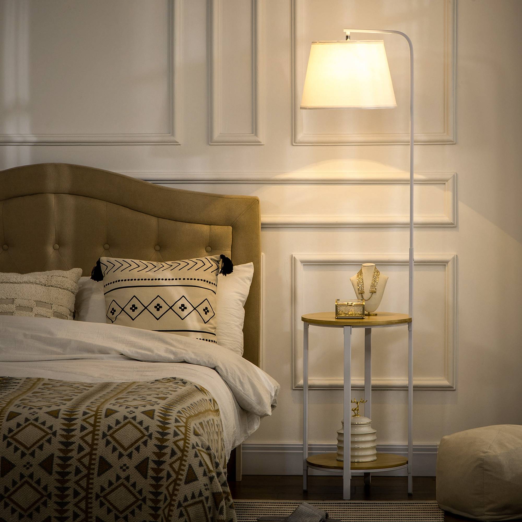 Lampadaire à 2 étagères, lampe sur pied, interrupteur au pied, 40 W, culot E27, naturel et blanc - Image 4