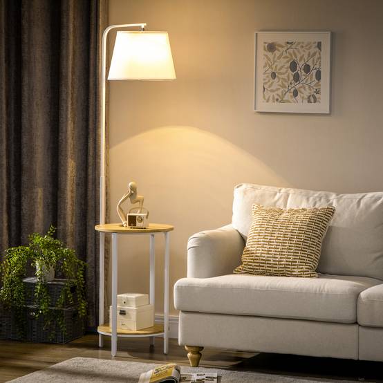 Lampadaire à 2 étagères, lampe sur pied, interrupteur au pied, 40 W, culot E27, naturel et blanc - Image 3