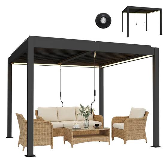Pergola bioclimatique aluminium terrasse lames orientables LED 3x3m gris foncé - ComfortXL Outdoor Living - Image 1