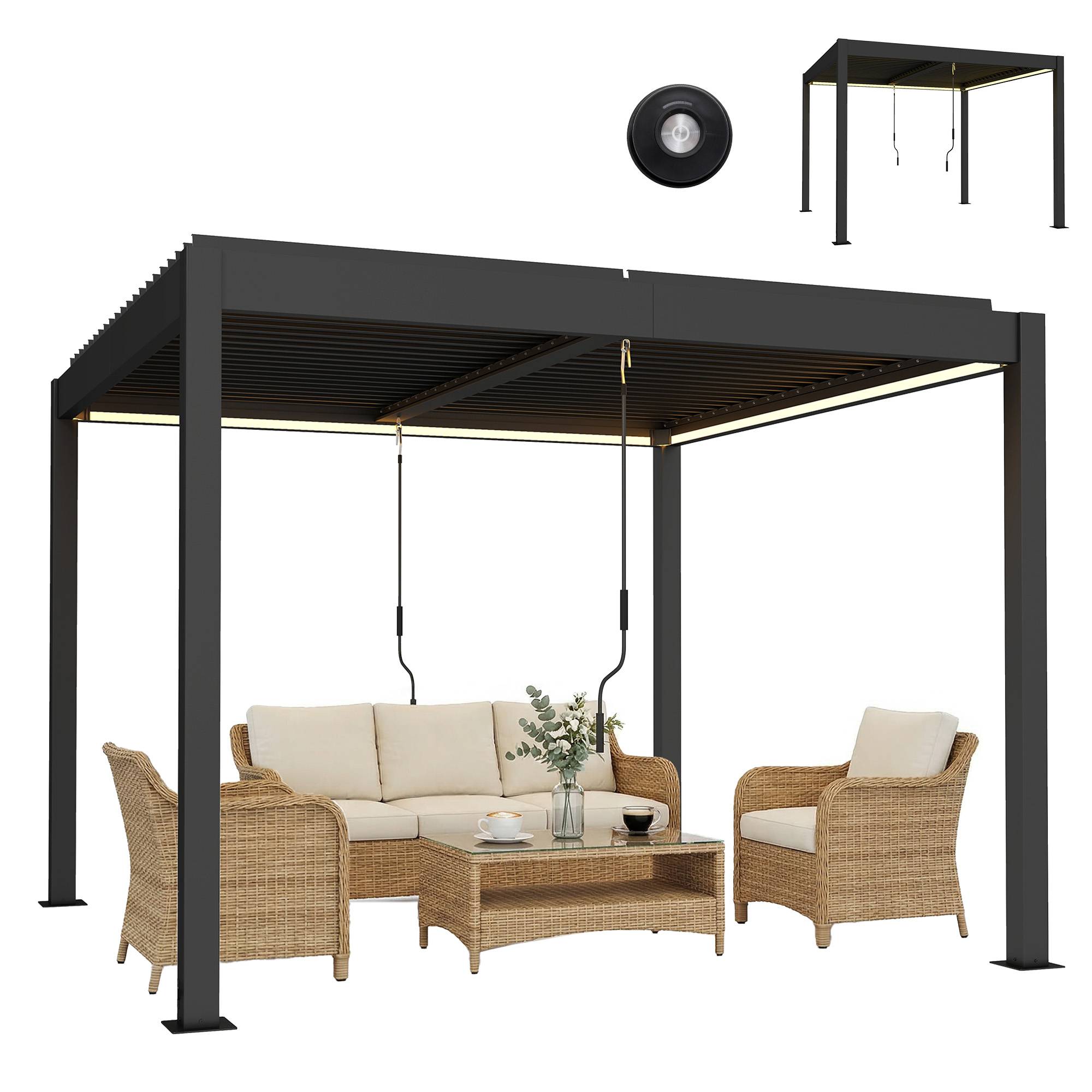 Pergola bioclimatique aluminium terrasse lames orientables LED 3x3m gris foncé - ComfortXL Outdoor Living