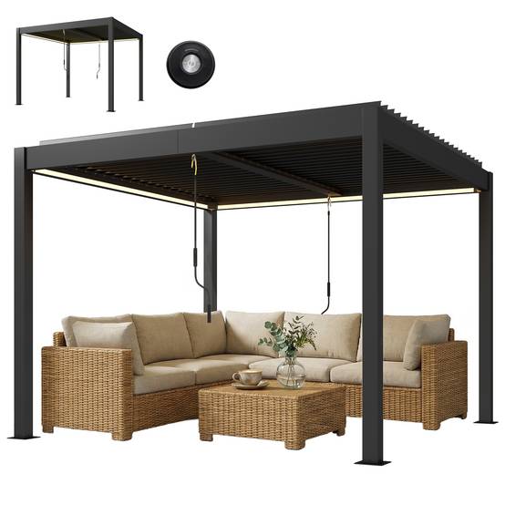 Pergola bioclimatique aluminium terrasse lames orientables LED 3x3m gris foncé - ComfortXL Outdoor Living - Image 2
