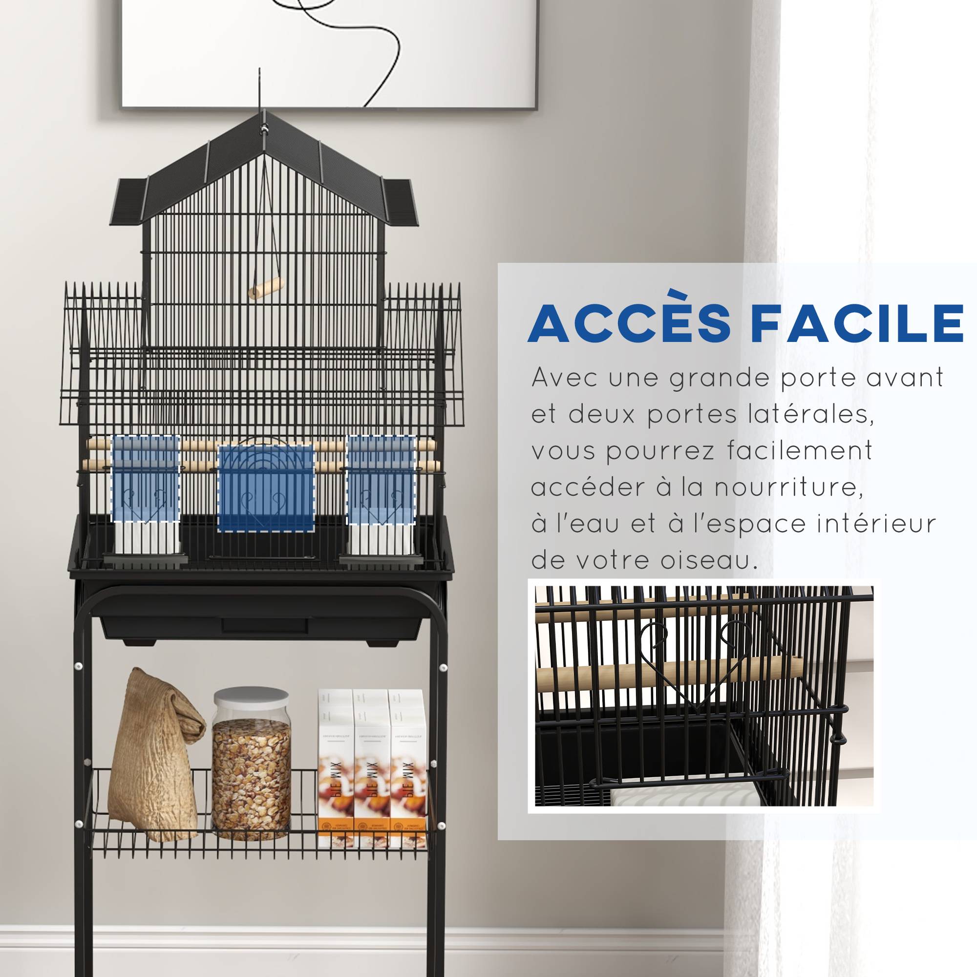 Pawhut - Cage à oiseaux design maison mangeoires perchoirs 3 portes plateau excrément amovible noir - Imagen 7
