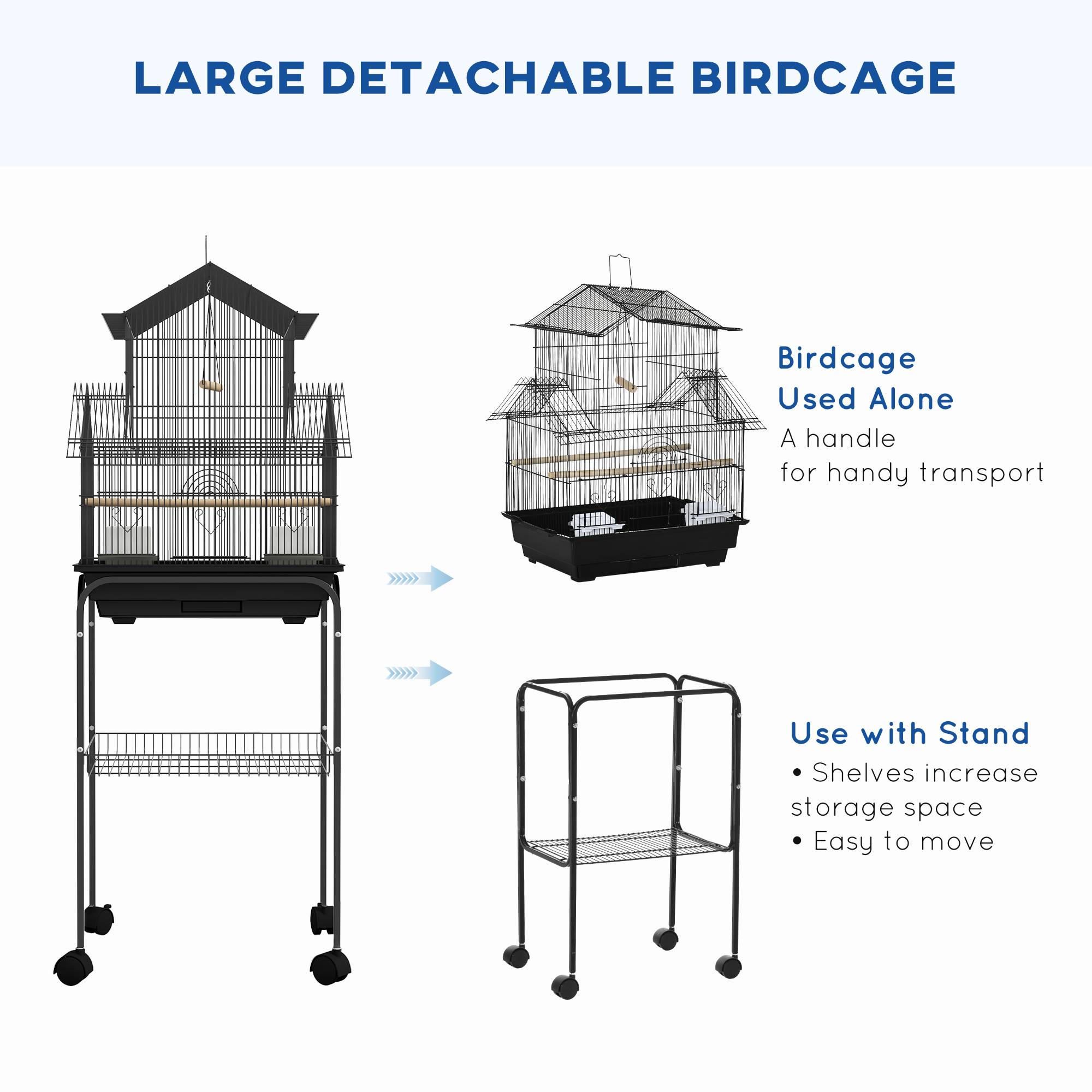 Pawhut - Cage à oiseaux design maison mangeoires perchoirs 3 portes plateau excrément amovible noir - Imagen 4