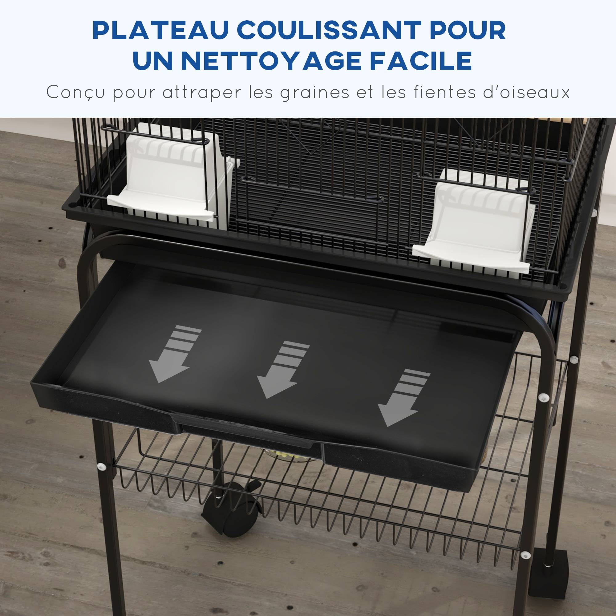 Pawhut - Cage à oiseaux design maison mangeoires perchoirs 3 portes plateau excrément amovible noir - Imagen 6