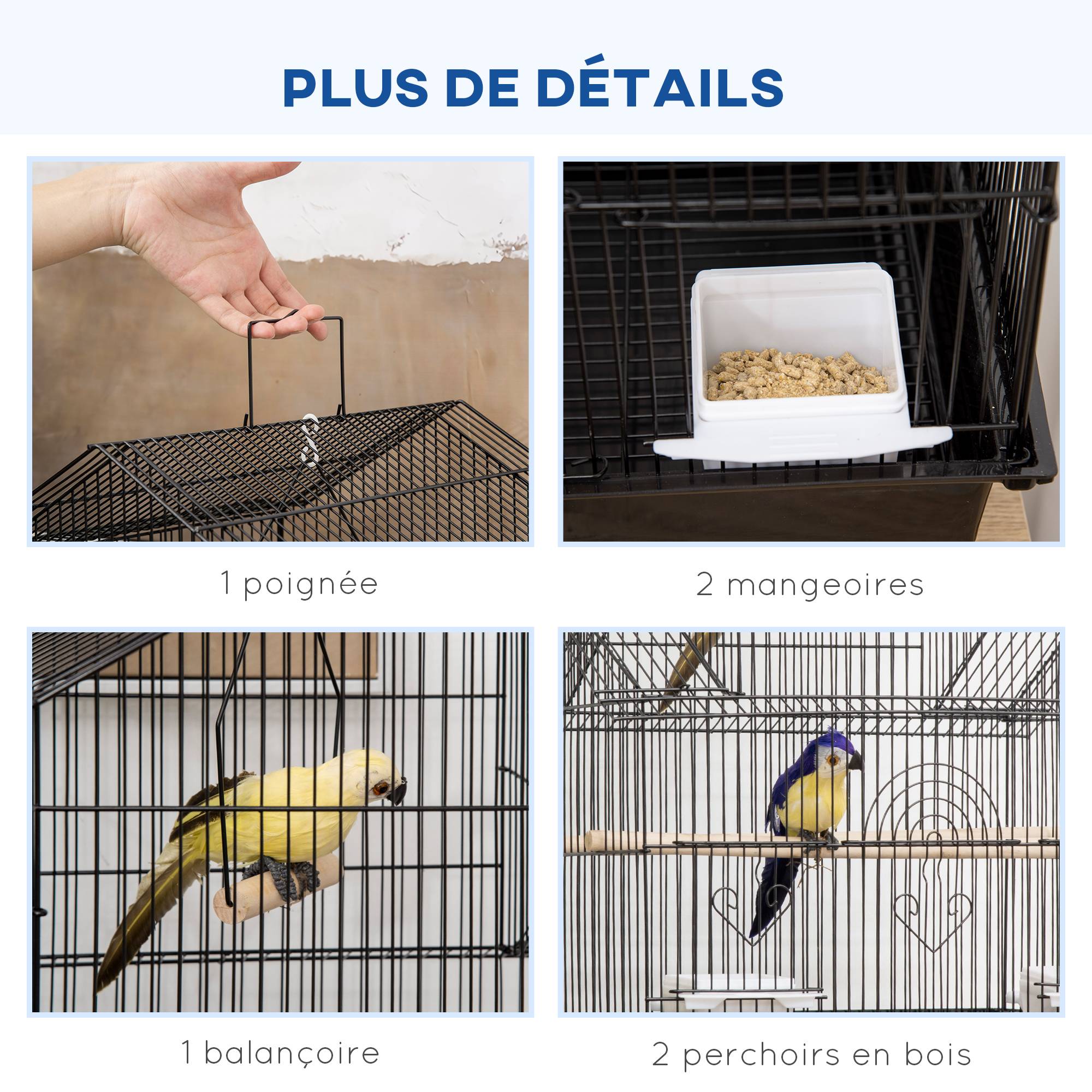 Pawhut - Cage à oiseaux design maison mangeoires perchoirs 3 portes plateau excrément amovible noir - Imagen 5