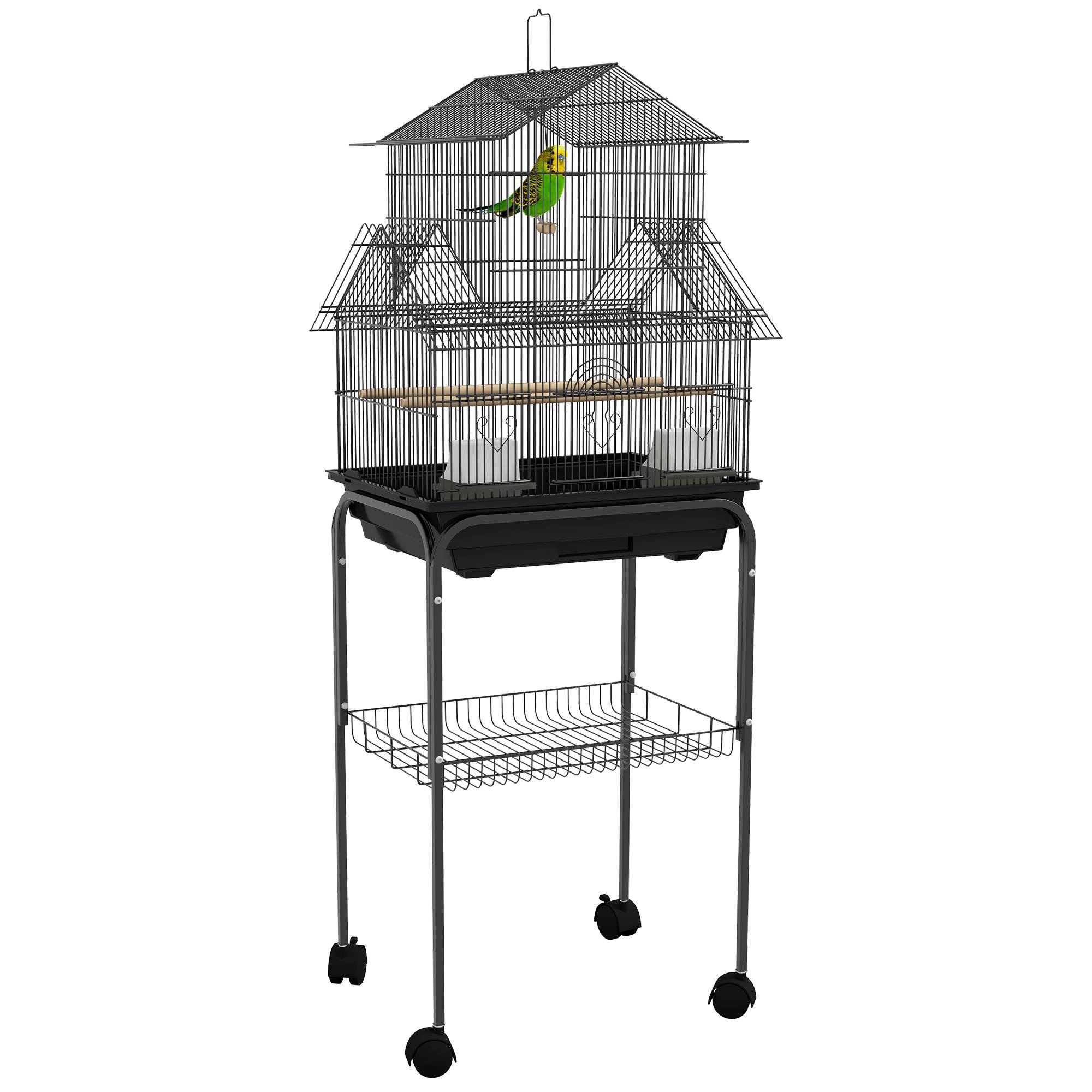 Pawhut - Cage à oiseaux design maison mangeoires perchoirs 3 portes plateau excrément amovible noir - Imagen 1