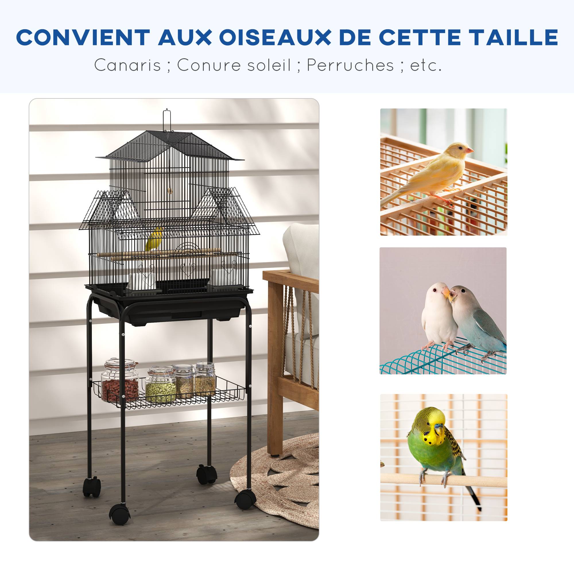 Pawhut - Cage à oiseaux design maison mangeoires perchoirs 3 portes plateau excrément amovible noir - Imagen 8