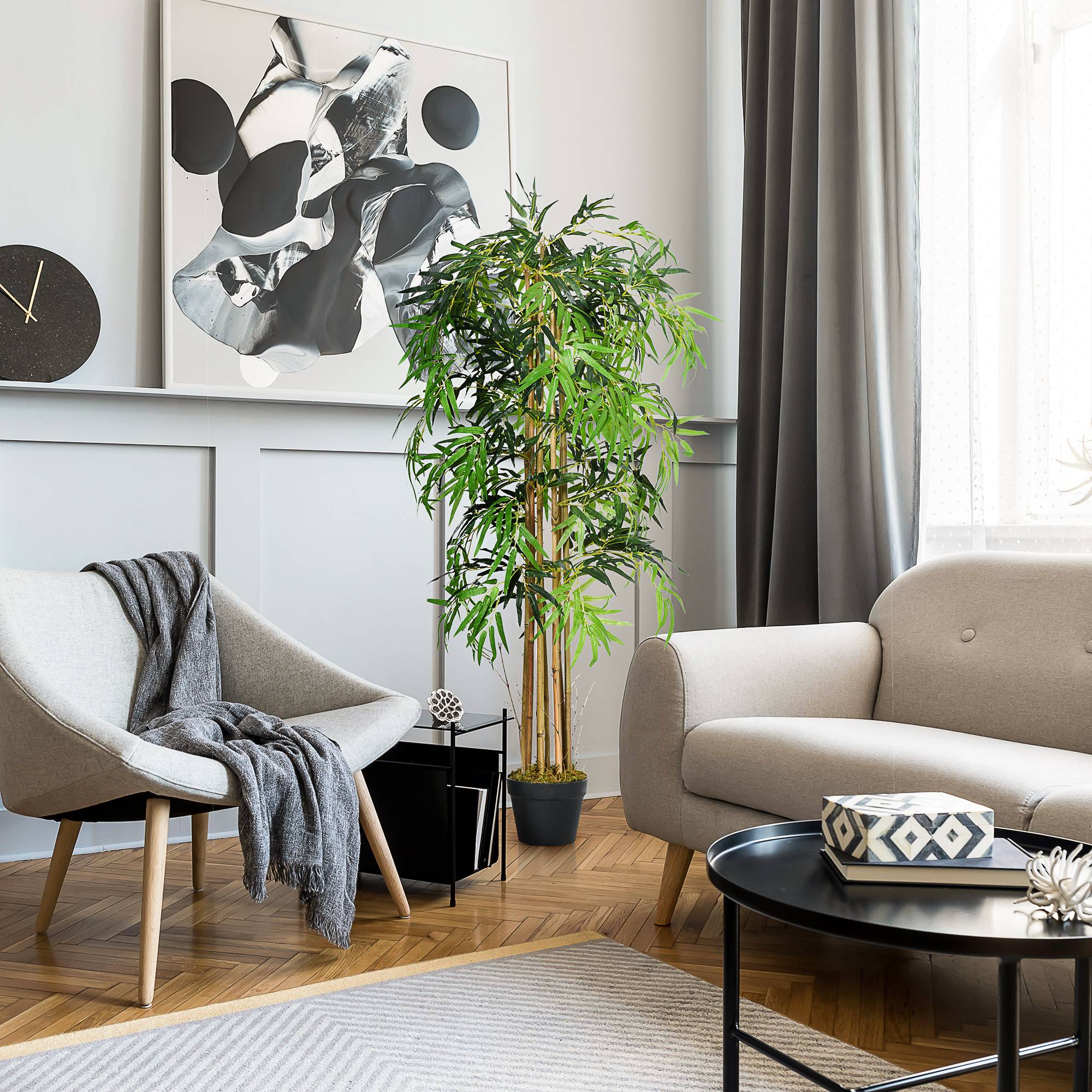 Sans Marque - Bambou artificiel 150 cm avec pot, plante décorative réaliste en synthétique pour la maison ou le bureau, Ø18 x 150 cm, vert - Image 3