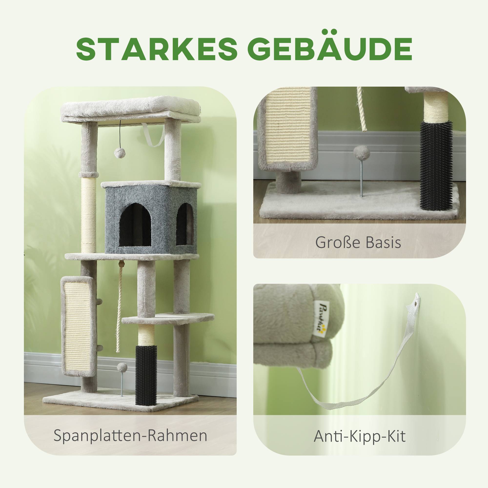 Arbre à chat de 132 cm avec griffoirs, couchage, niche, plateformes de saut, brosse de toilettage, gris clair - Image 8