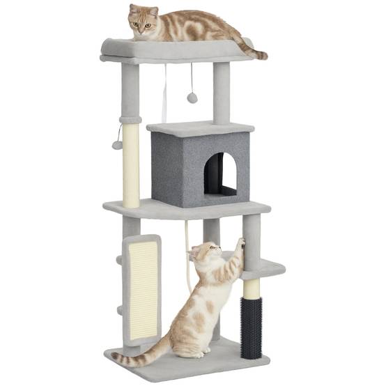 Arbre à chat de 132 cm avec griffoirs, couchage, niche, plateformes de saut, brosse de toilettage, gris clair - Image 1