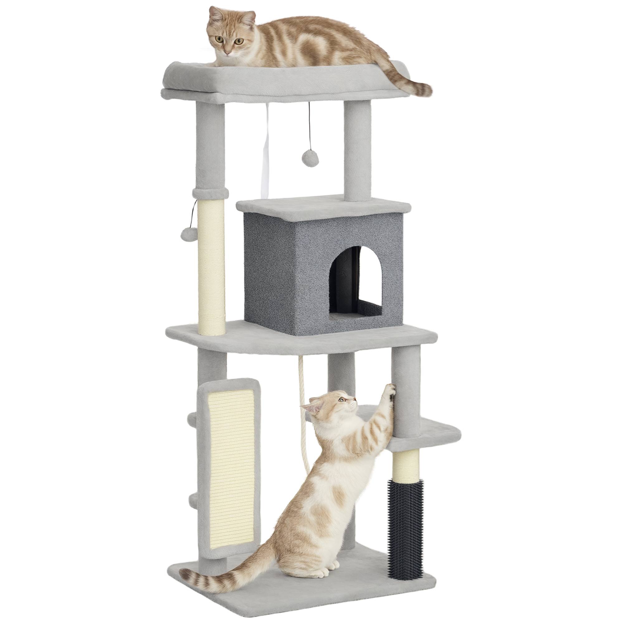 Arbre à chat de 132 cm avec griffoirs, couchage, niche, plateformes de saut, brosse de toilettage, gris clair - Image 1