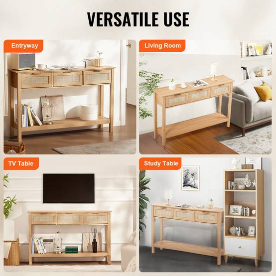 VEVOR Table console rotin, 3 tiroirs, 1305x300x815 mm. Porte coulissante. - Image 6