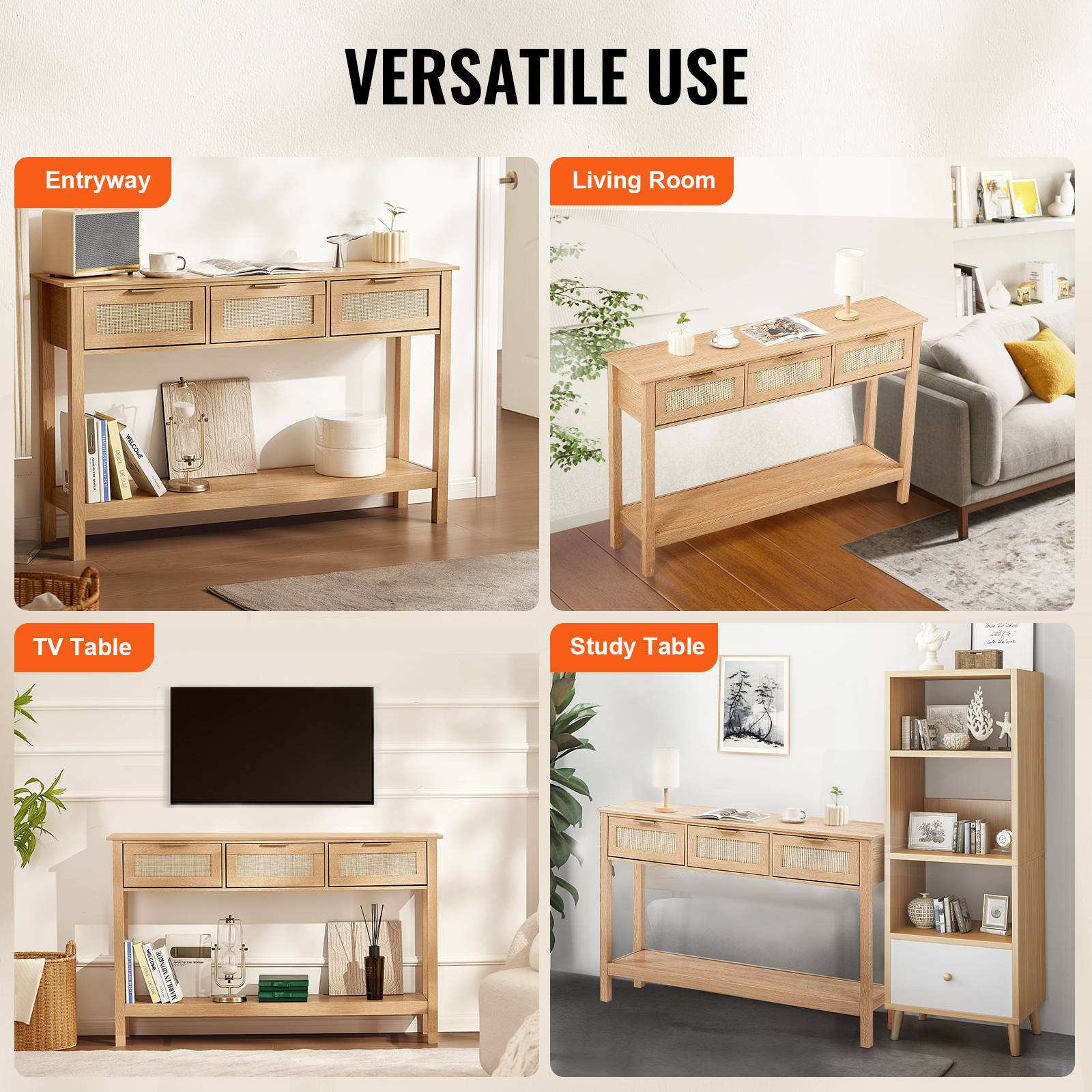 VEVOR Table console rotin, 3 tiroirs, 1305x300x815 mm. Porte coulissante. - Image 6