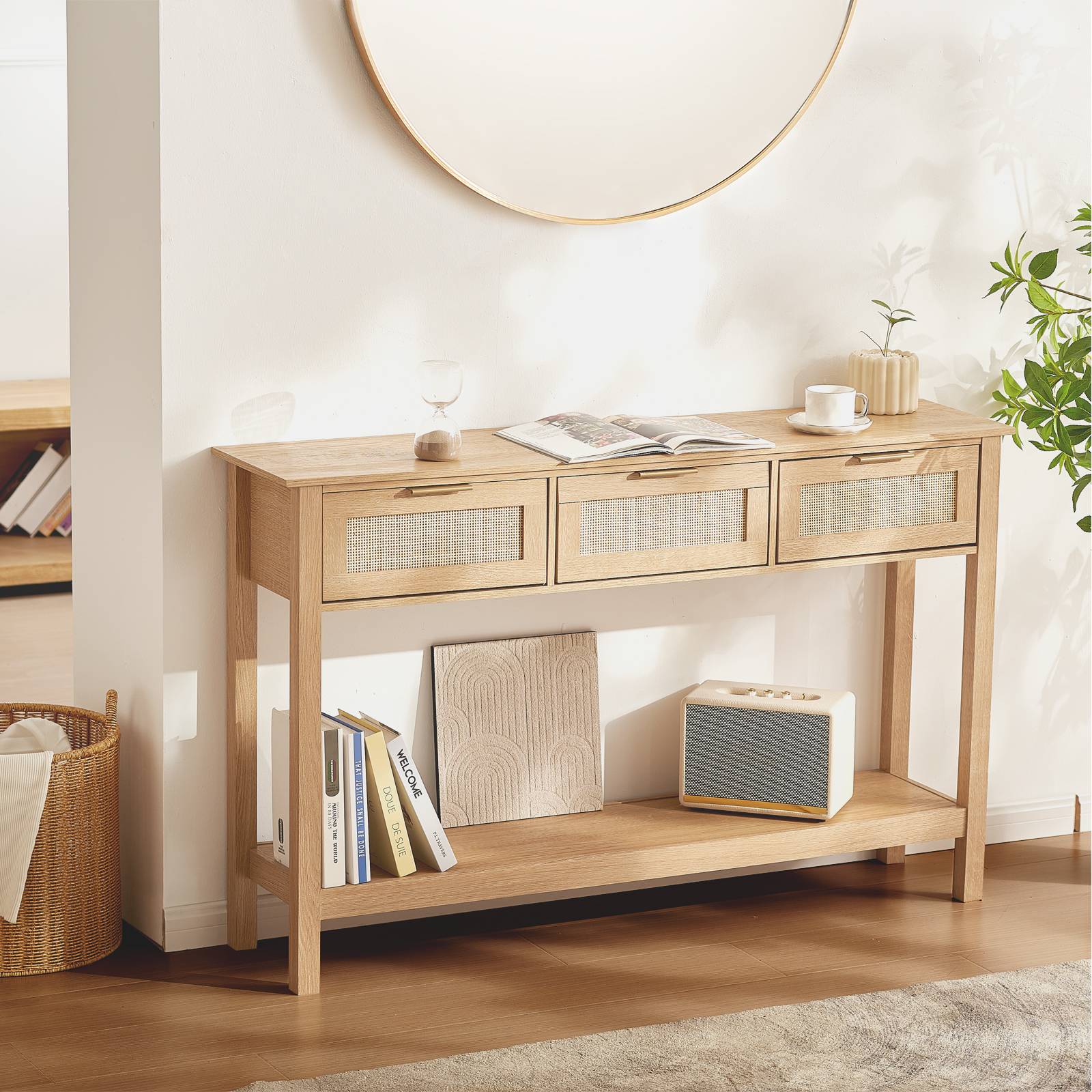 VEVOR Table console rotin, 3 tiroirs, 1305x300x815 mm. Porte coulissante. - Image 1