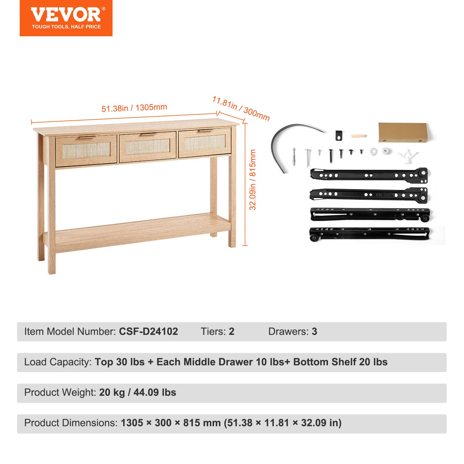 VEVOR Table console rotin, 3 tiroirs, 1305x300x815 mm. Porte coulissante. - Image 7