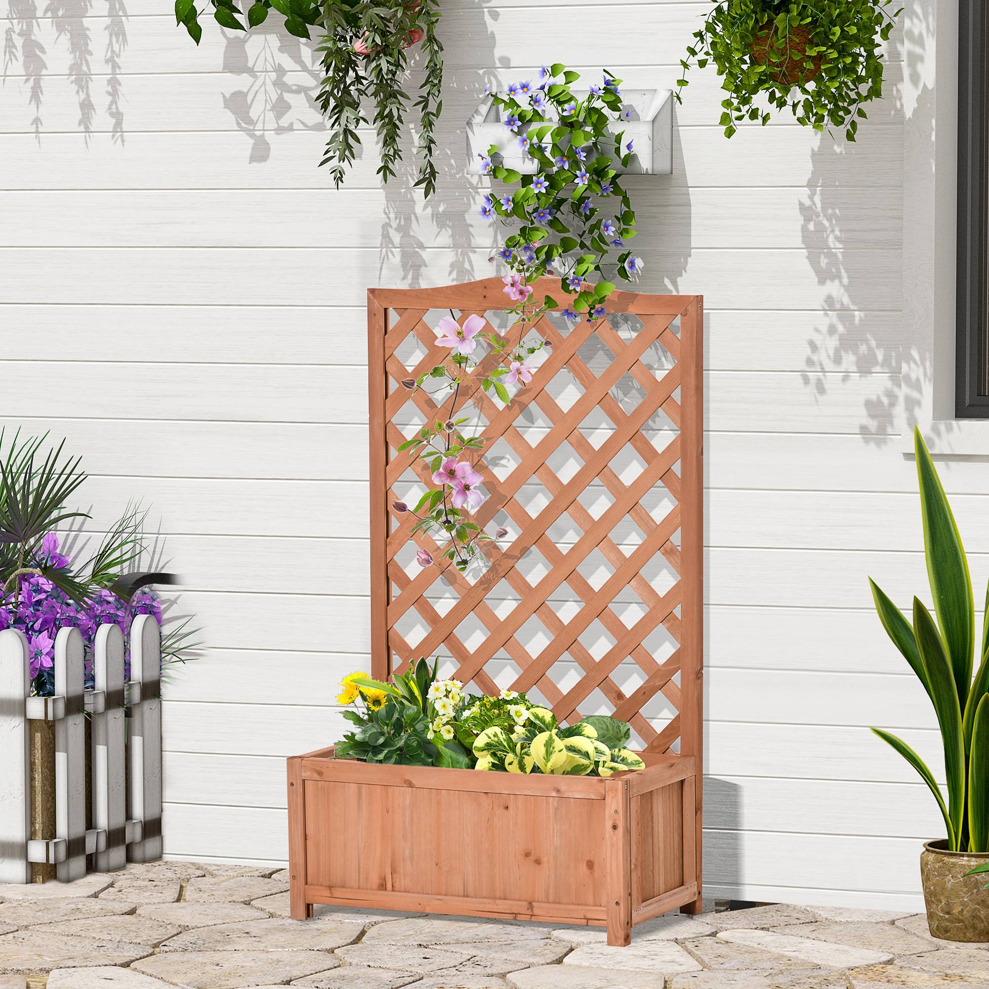 Outsunny - Jardinière avec Treillis 70x28x117cm bac à Fleurs Fond à Lattes Bois Sapin pré-huilé - Outsunny - Image 2