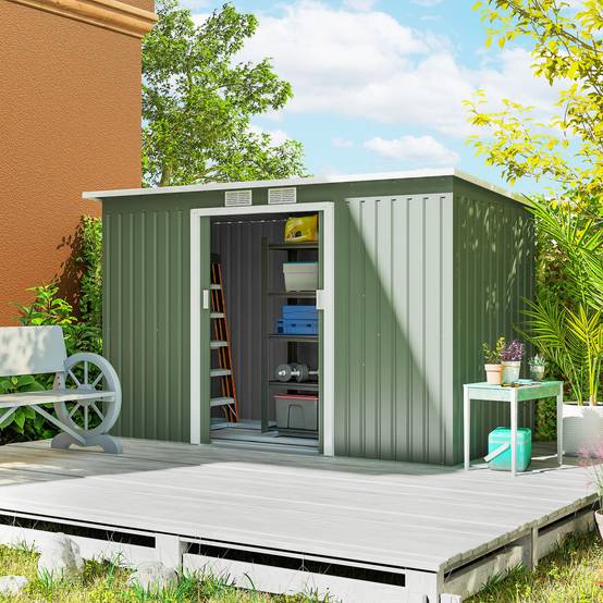 Sans Marque - Abri jardin acier galvanisé 3,2m² fondation aérations toit pente double porte coulissante vert clair - Image 3