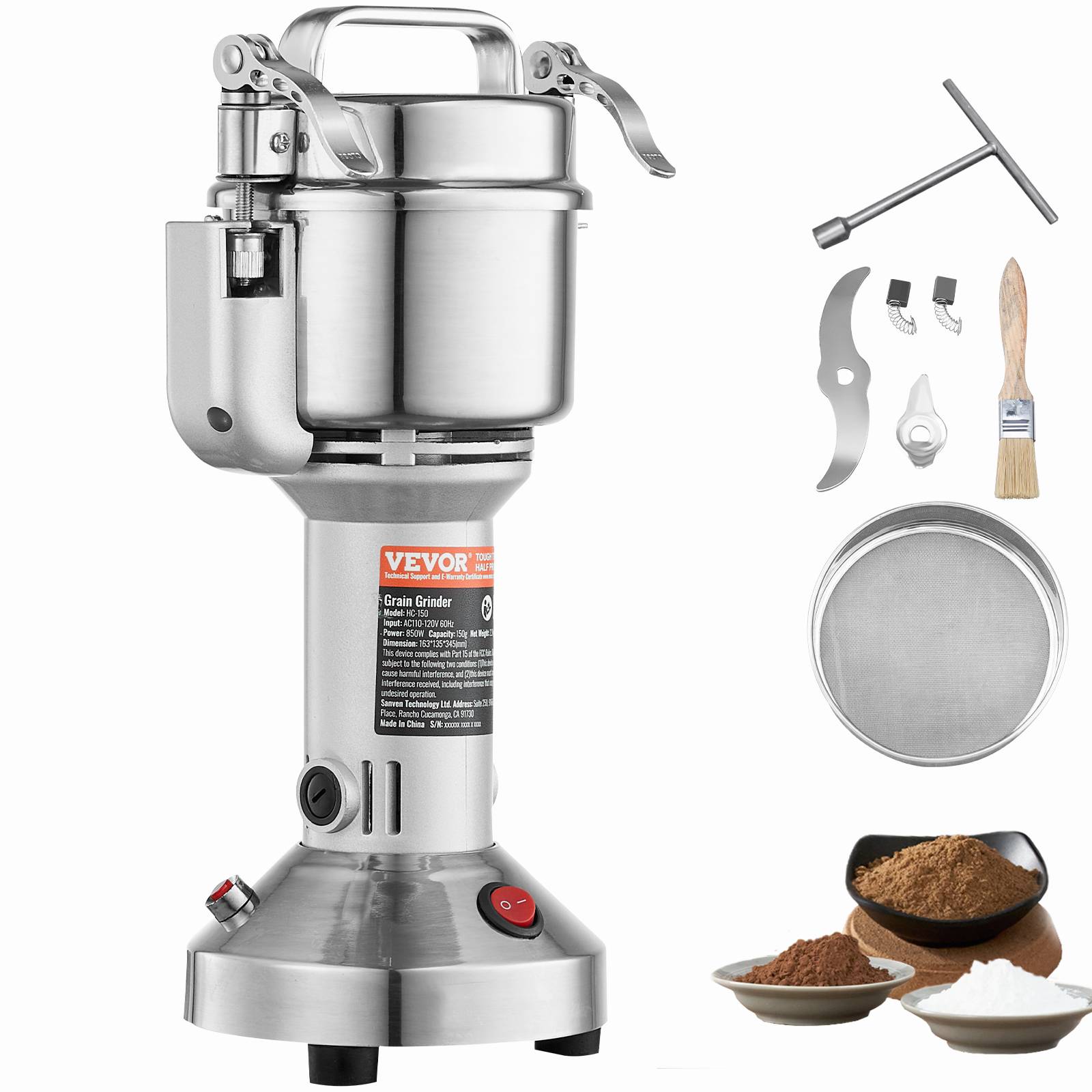 VEVOR Moulin à épices électrique 150g 850W, inox, type droit, céréales, épices, herbes, poivres. - Image 1