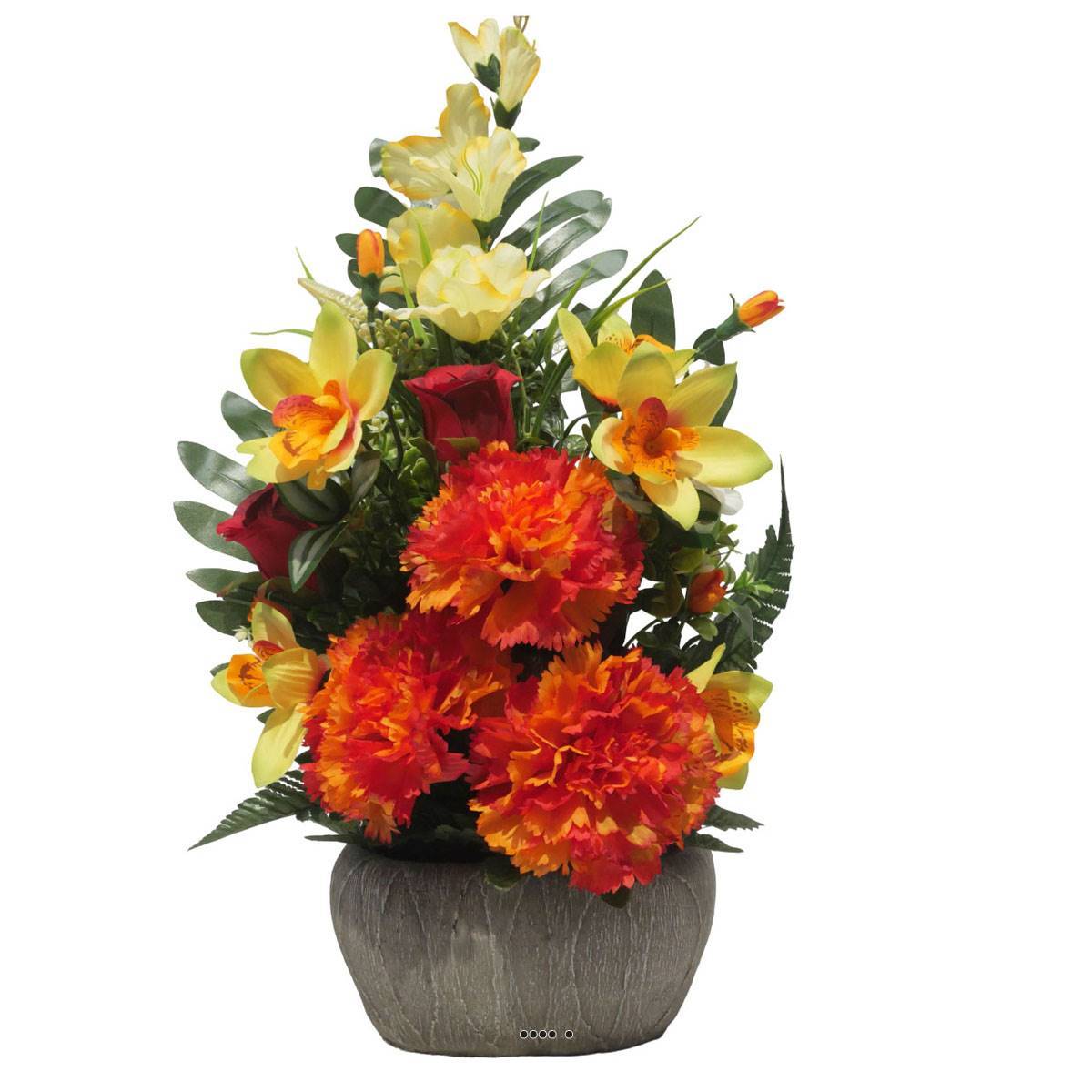 Artificielles - jardinièrre pot beton d'oeillet,bouton de rose, Orchidée, glaieul Orange pour la Toussaint - couleur: Orange - Imagen 2
