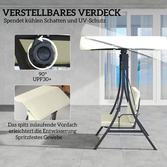 Balancelle de jardin 2 places Métal pour patio Toit inclinable UPF30+ 150x120x182 Blanc crème - ComfortXL Outdoor Living - Image 6