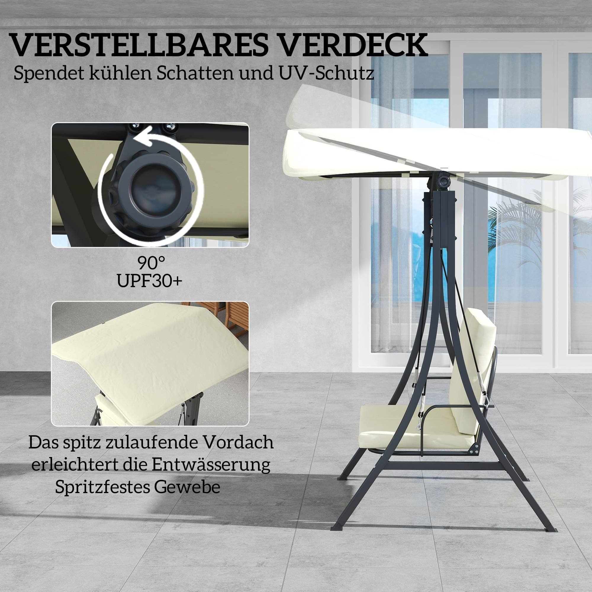 Balancelle de jardin 2 places Métal pour patio Toit inclinable UPF30+ 150x120x182 Blanc crème - ComfortXL Outdoor Living - Image 6