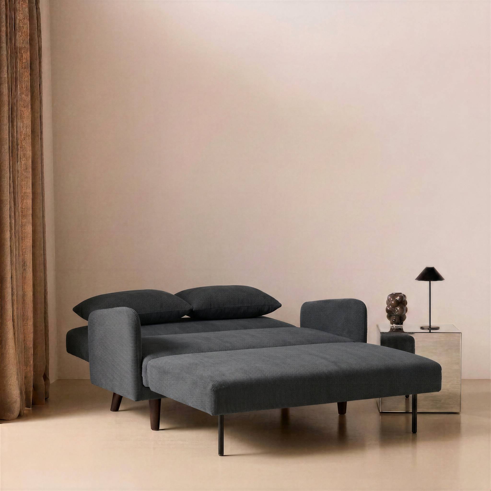 sweeek - Canapé convertible 2 places scandinave velours côtelé gris foncé - Panam - pieds bois. banquette. dossier inclinable | sweeek - Image 3