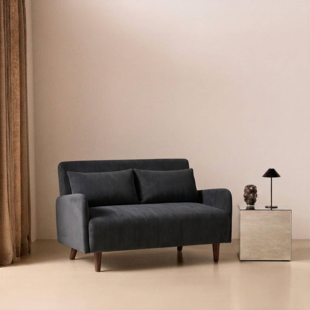 sweeek - Canapé convertible 2 places scandinave velours côtelé gris foncé - Panam - pieds bois. banquette. dossier inclinable | sweeek - Image 1