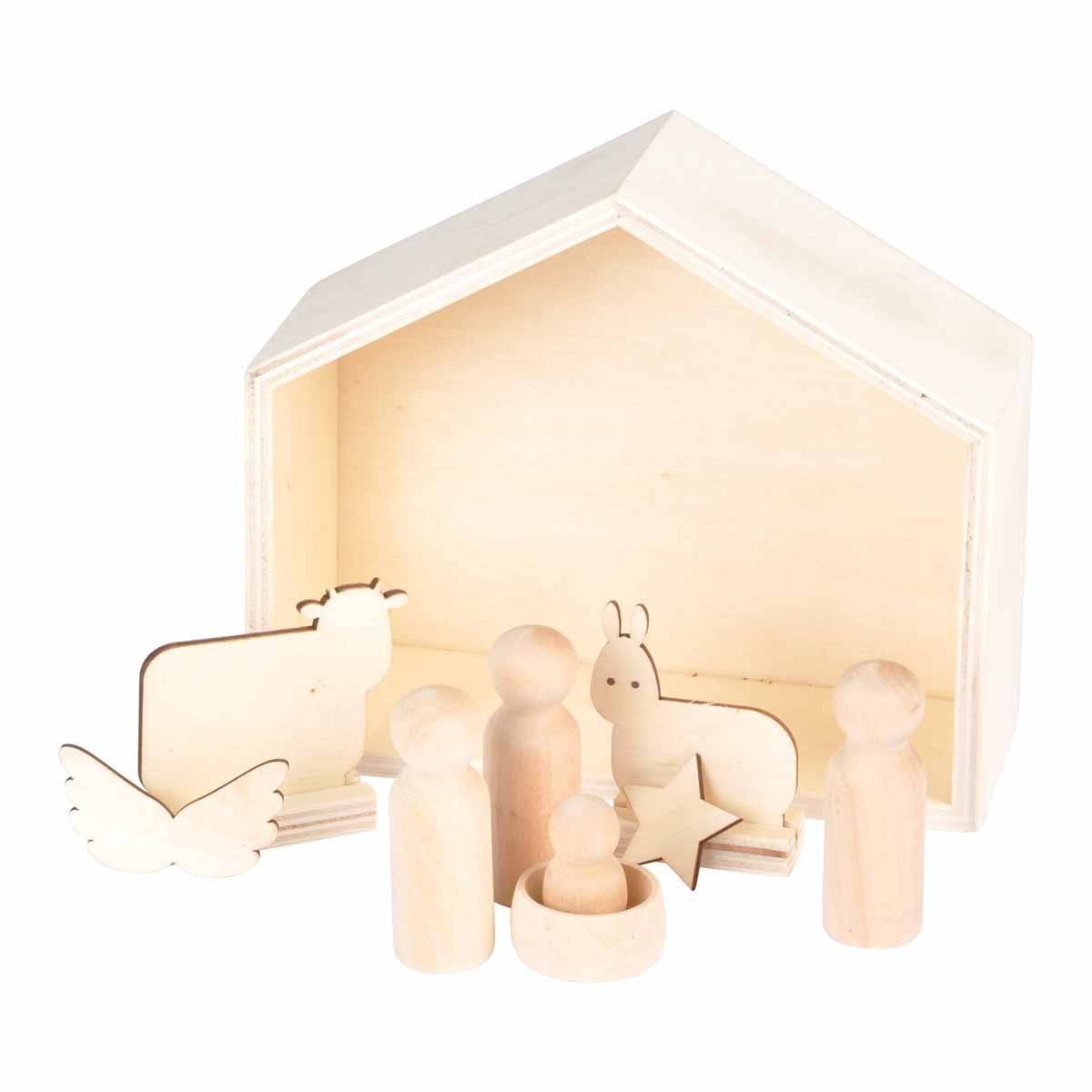 Crèche de Noël à Décorer en Bois "6 Sujets" Naturel - Image 1