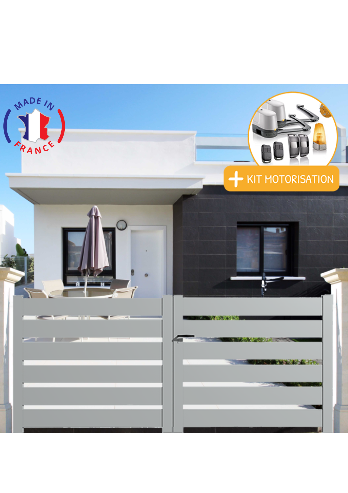 Portail Packit - Portail alu battant SAH en kit +MOT dim. L.3500 (entre piliers) X H.1500 mmMOT LOCKYVIA (à bras)  Gris Lumière (RAL 7035)