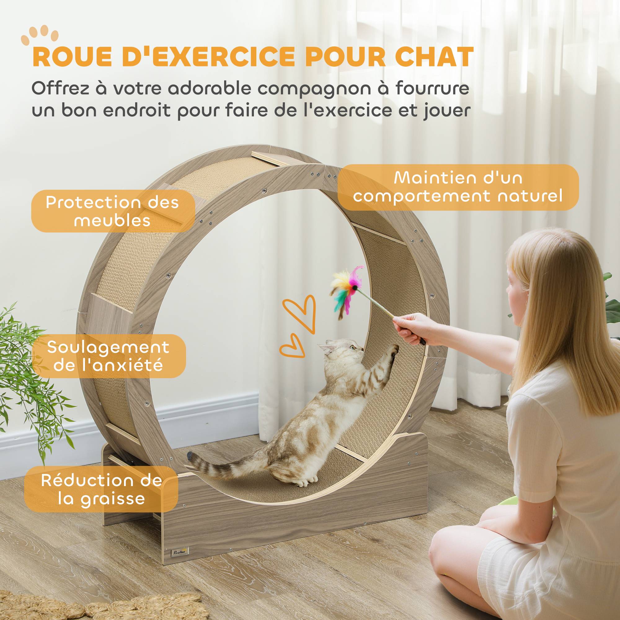 Roue exercice chat intérieur bois multicouche griffoir frein sécurité 91x94cm marron - ComfortXL Outdoor Living - Image 6