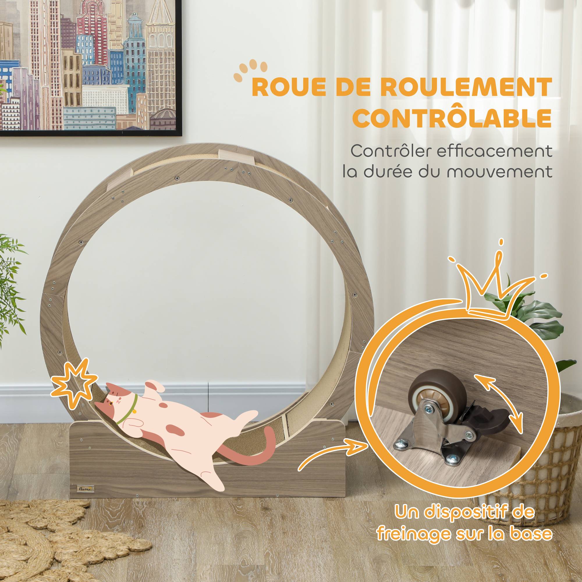 Roue exercice chat intérieur bois multicouche griffoir frein sécurité 91x94cm marron - ComfortXL Outdoor Living - Image 8