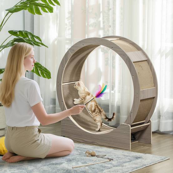 Roue exercice chat intérieur bois multicouche griffoir frein sécurité 91x94cm marron - ComfortXL Outdoor Living - Image 3