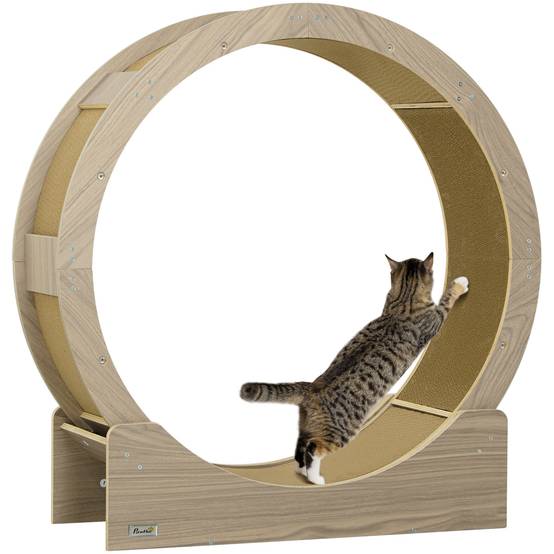 Roue exercice chat intérieur bois multicouche griffoir frein sécurité 91x94cm marron - ComfortXL Outdoor Living - Image 1