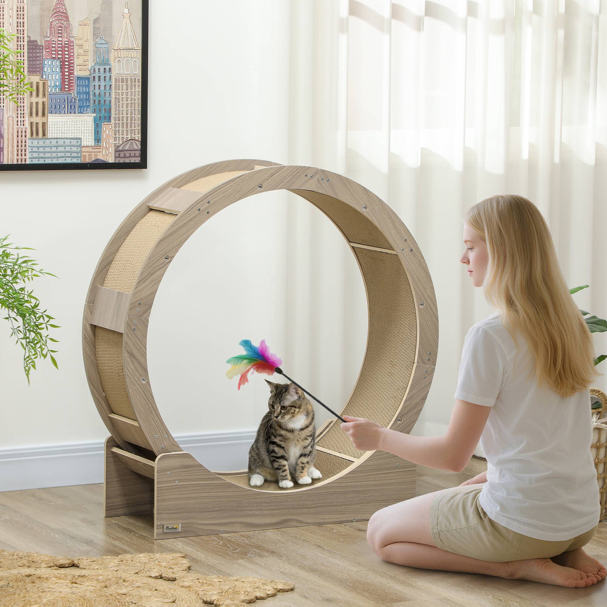 Roue exercice chat intérieur bois multicouche griffoir frein sécurité 91x94cm marron - ComfortXL Outdoor Living - Image 4
