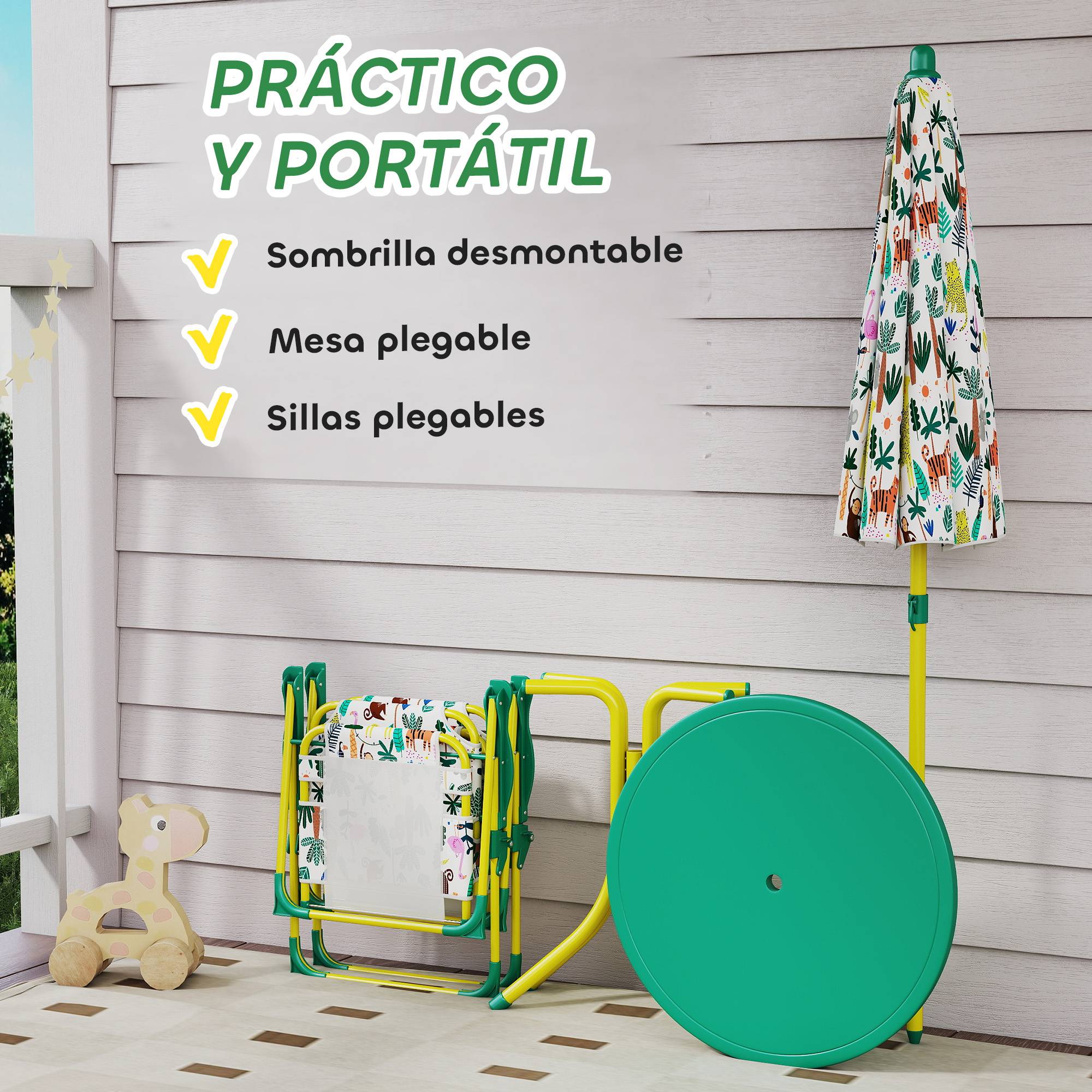 Ensemble table et chaises de jardin pour enfants 4 pièces, chaises pliantes, parasol amovible, motif jungle verte - Image 7