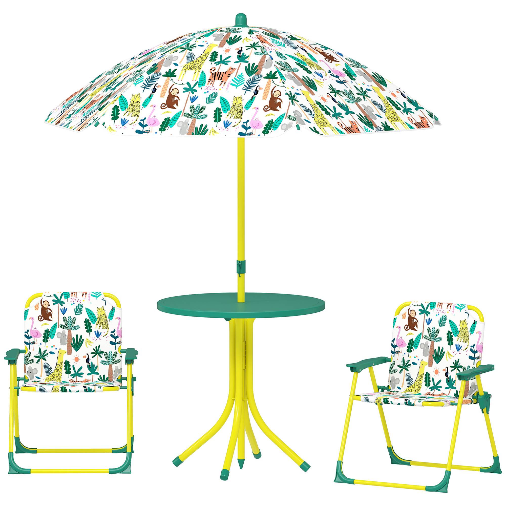 Ensemble table et chaises de jardin pour enfants 4 pièces, chaises pliantes, parasol amovible, motif jungle verte - Image 2