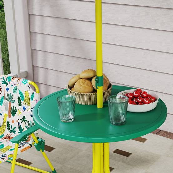 Ensemble table et chaises de jardin pour enfants 4 pièces, chaises pliantes, parasol amovible, motif jungle verte - Image 10