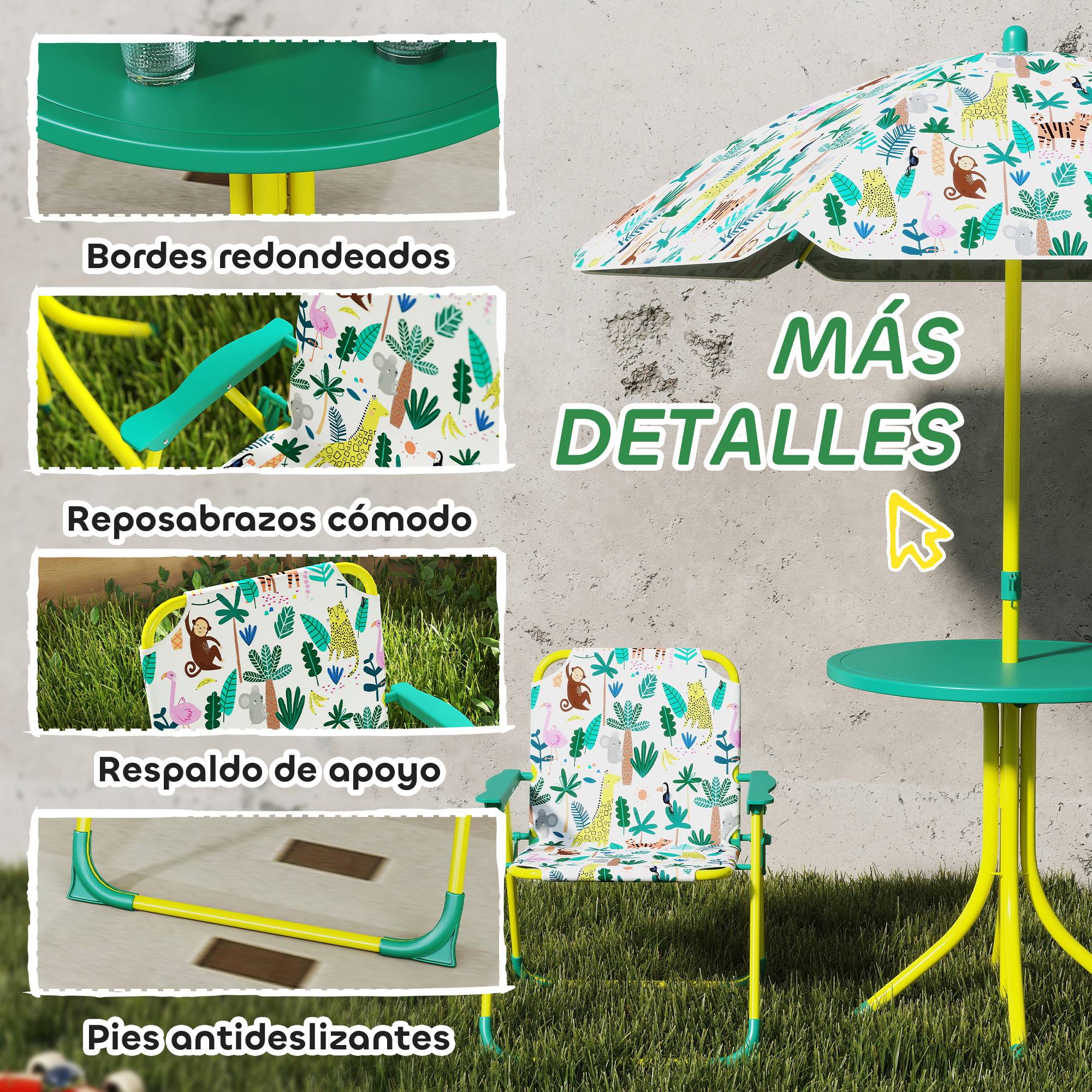 Ensemble table et chaises de jardin pour enfants 4 pièces, chaises pliantes, parasol amovible, motif jungle verte - Image 8