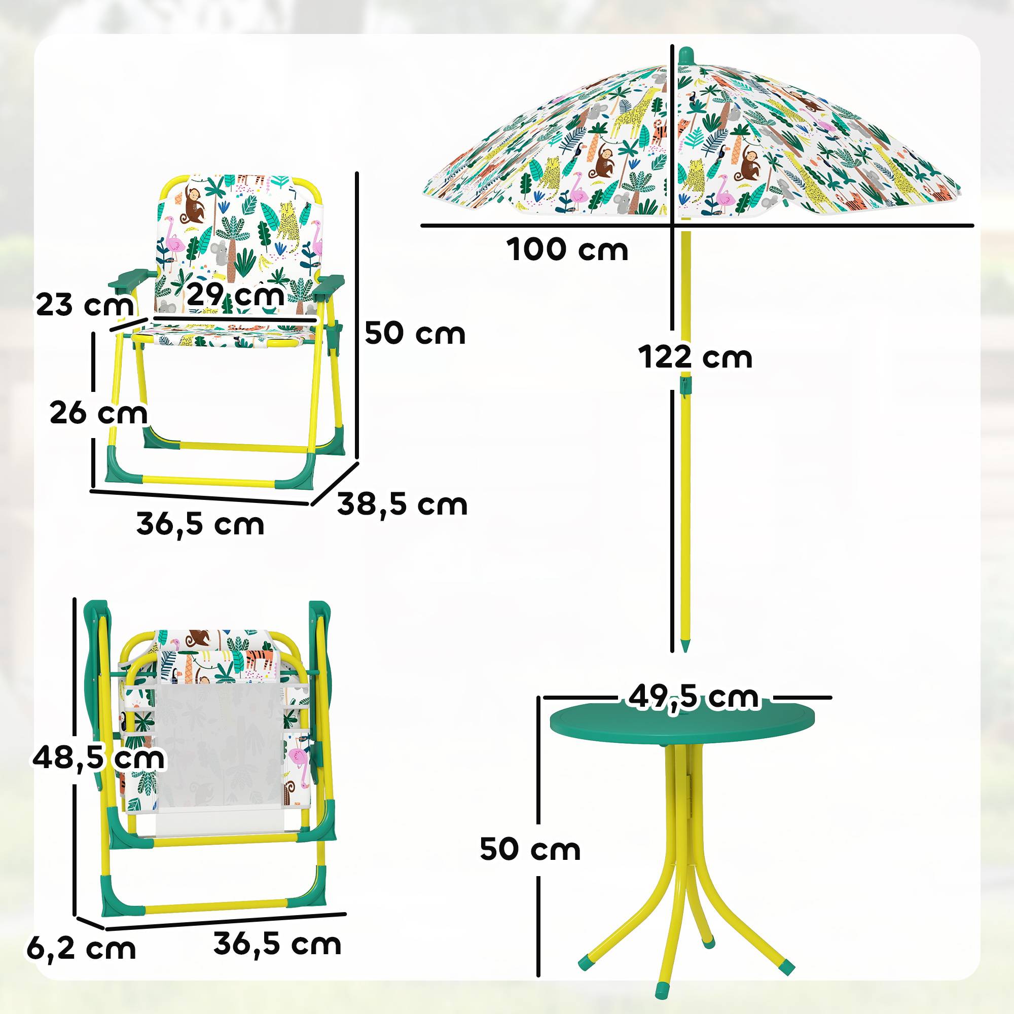 Ensemble table et chaises de jardin pour enfants 4 pièces, chaises pliantes, parasol amovible, motif jungle verte - Image 5