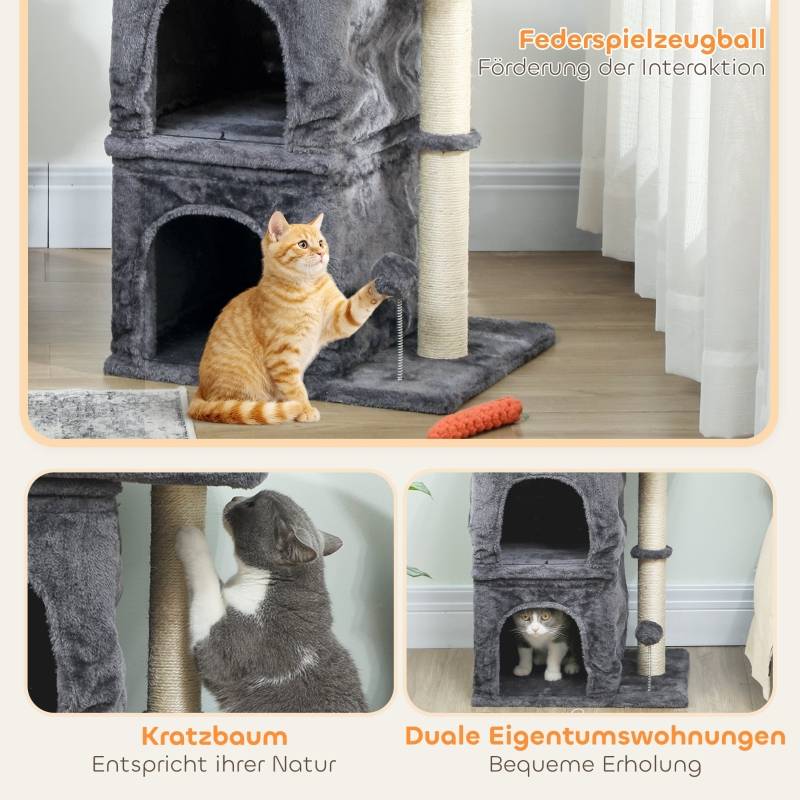 Arbre à chat compact avec 2 grottes, plateforme et poteaux sisal gris foncé - Image 5