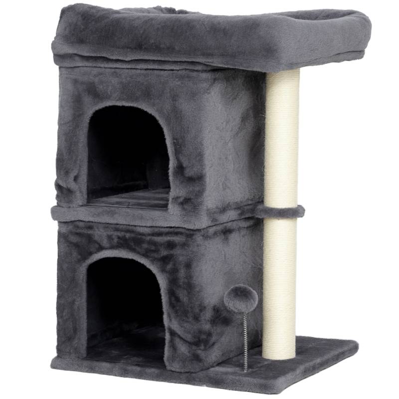 Arbre à chat compact avec 2 grottes, plateforme et poteaux sisal gris foncé - Image 1