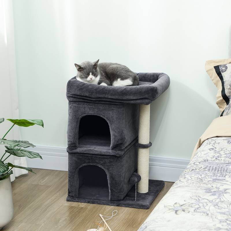 Arbre à chat compact avec 2 grottes, plateforme et poteaux sisal gris foncé - Image 2