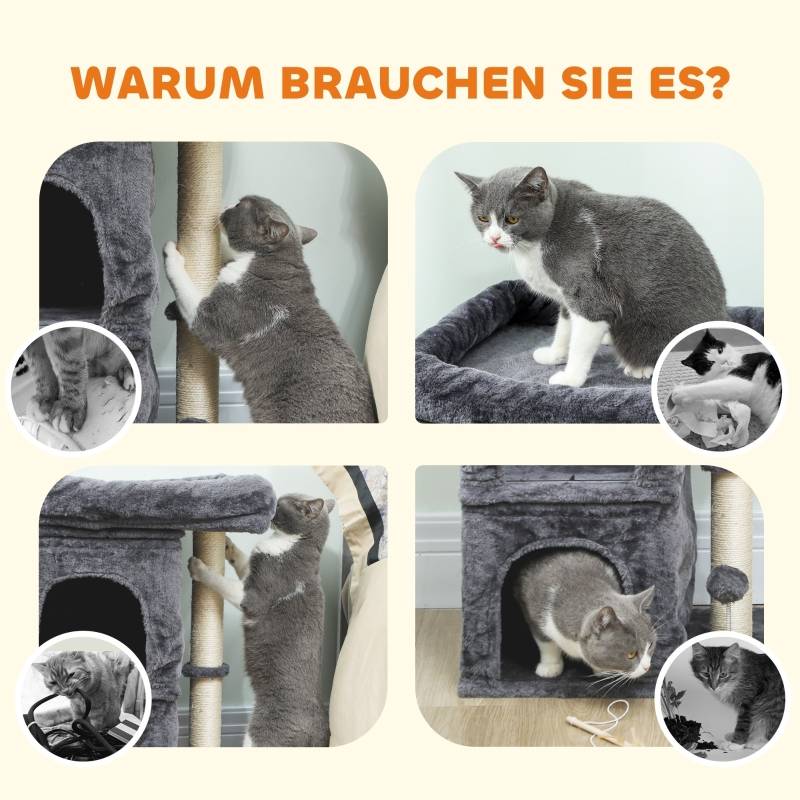 Arbre à chat compact avec 2 grottes, plateforme et poteaux sisal gris foncé - Image 7