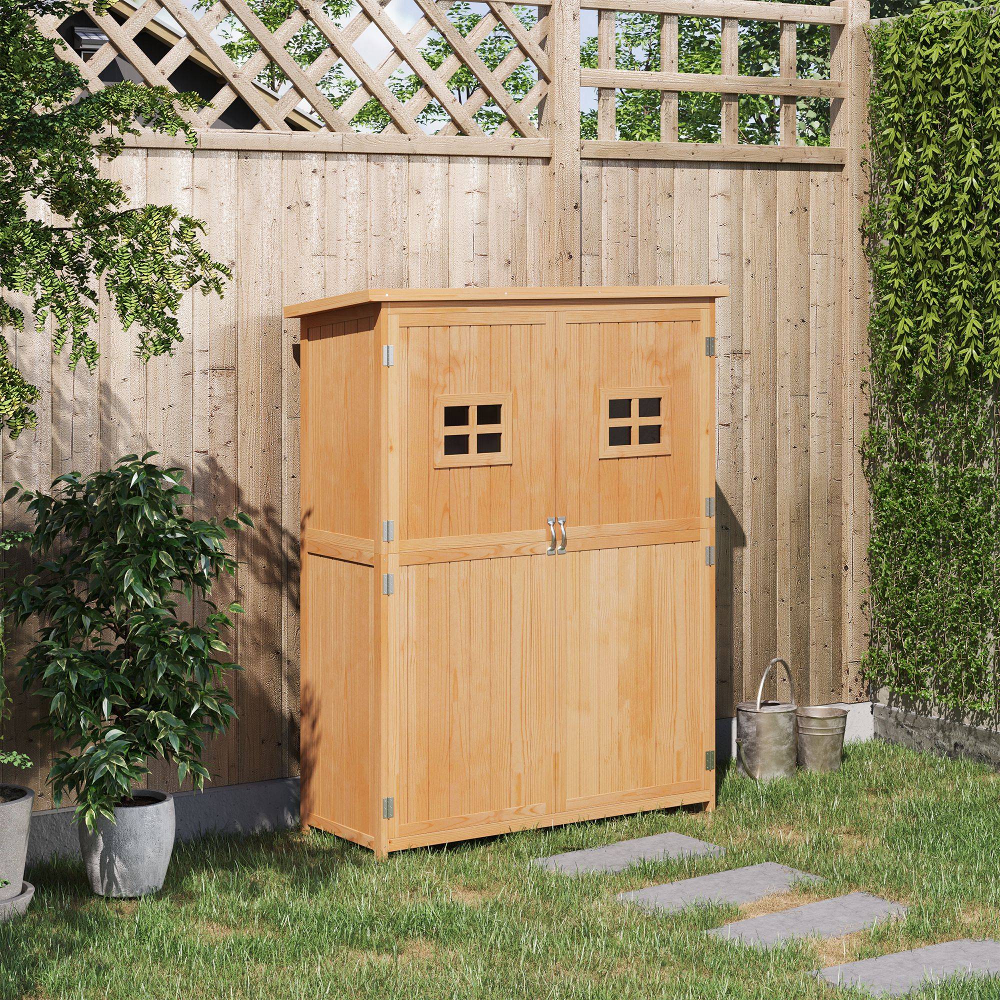 Outsunny - Abri de jardin armoire sur pied dim. 128 x 50 x 164 cm 2 étagères 2 portes 2 fenêtres toit bitumé bois - Image 5