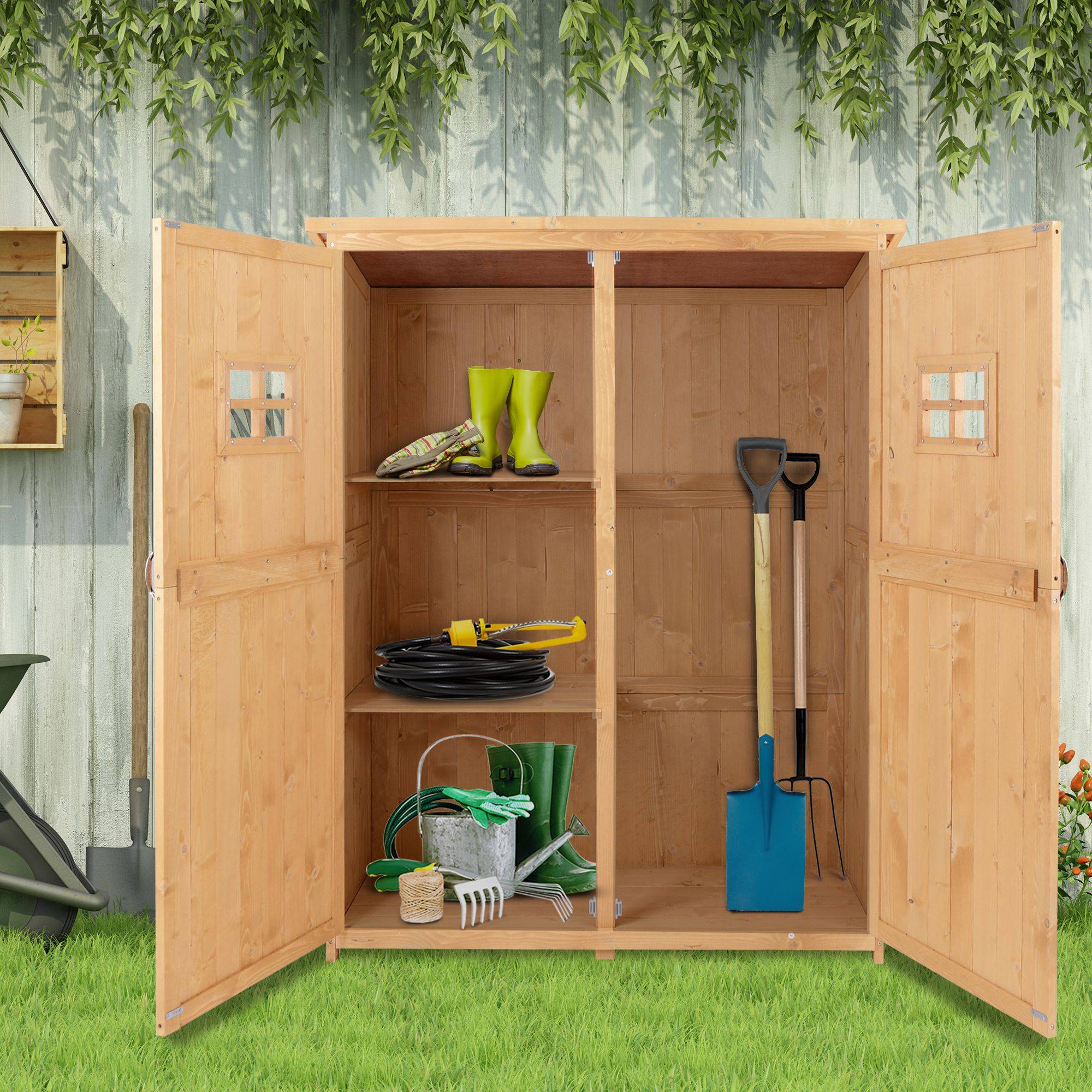 Outsunny - Abri de jardin armoire sur pied dim. 128 x 50 x 164 cm 2 étagères 2 portes 2 fenêtres toit bitumé bois - Image 4