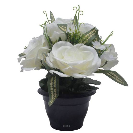 Pot de roses, bouton de rose et mini fleurs creme artificiels pour la Toussaint - Image 1