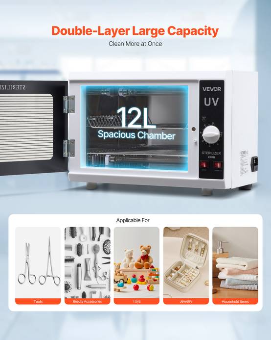 VEVOR Stérilisateur UV 12L, armoire désinfection. Minuterie, longueur d'onde 185nm. Pour labo, maison, salon de beauté. - Image 3