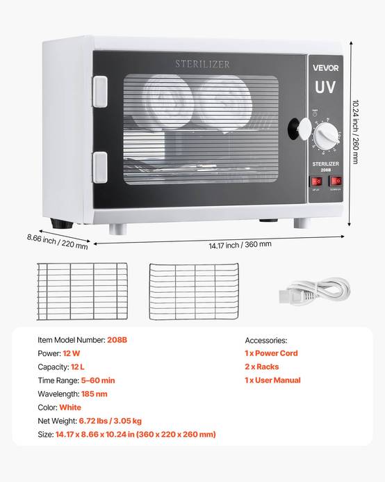 VEVOR Stérilisateur UV 12L, armoire désinfection. Minuterie, longueur d'onde 185nm. Pour labo, maison, salon de beauté. - Image 7