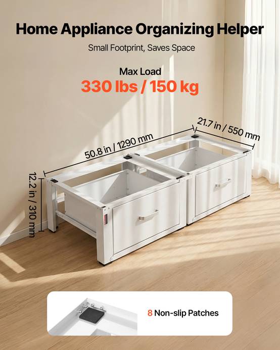 Vevor - VEVOR Socle rehausseur lave-linge 31 cm, charge 150 kg, lot de 2, tiroirs intégrés, acier robuste blanc, pieds antidérapants - Image 3