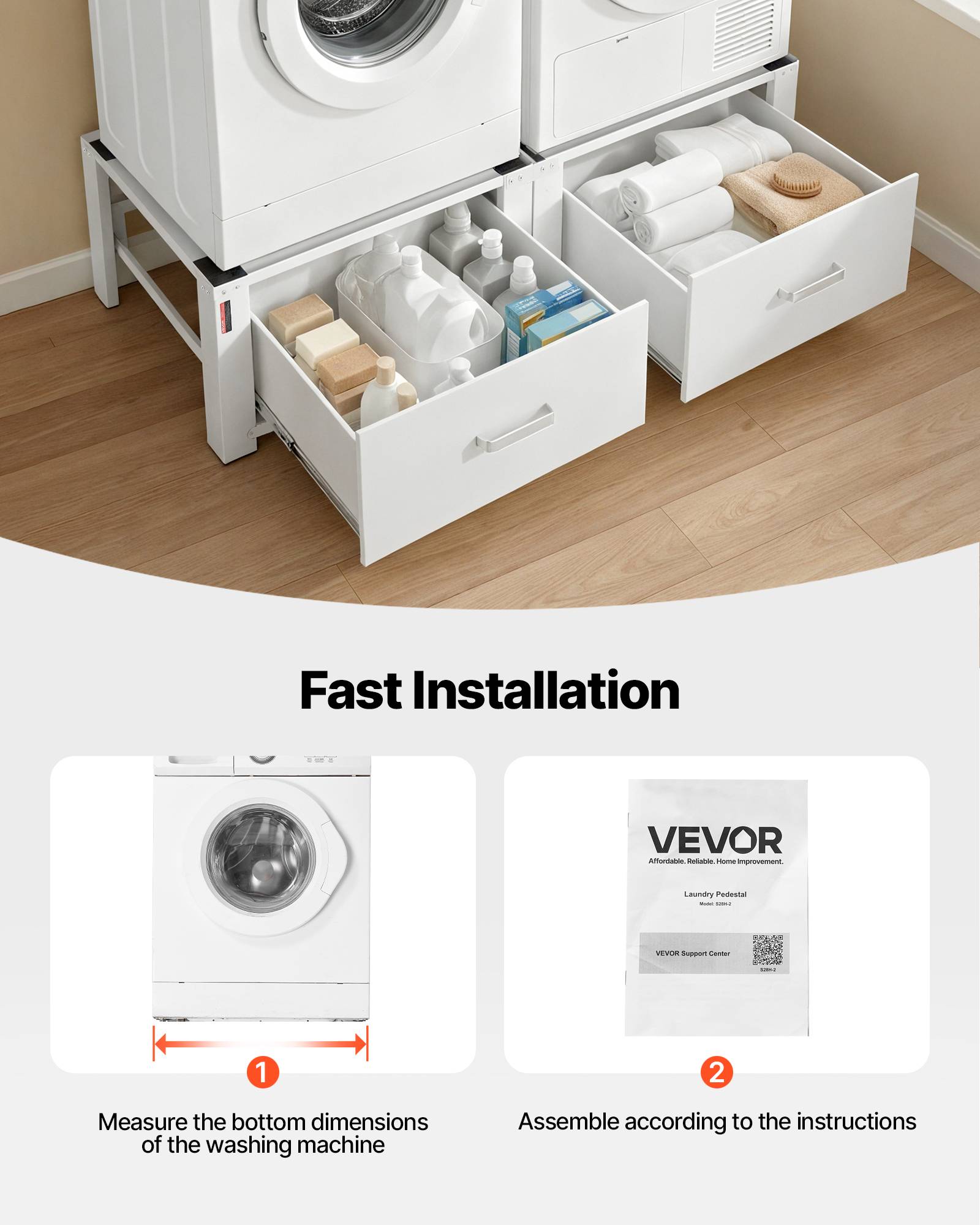 Vevor - VEVOR Socle rehausseur lave-linge 31 cm, charge 150 kg, lot de 2, tiroirs intégrés, acier robuste blanc, pieds antidérapants - Image 5